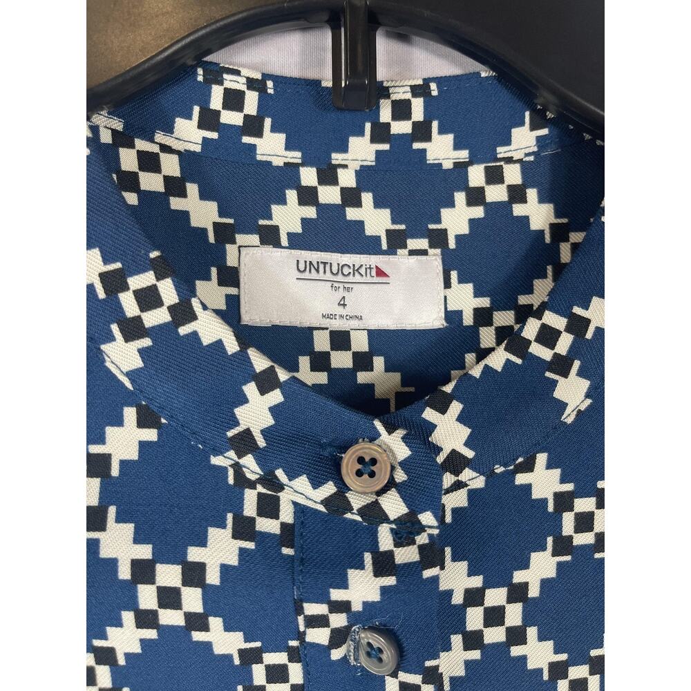 UNTUCKit Shirt Dress Womens 4 Blue Geometric Long Sleeve Knee Length Pockets - Picture 3 of 14